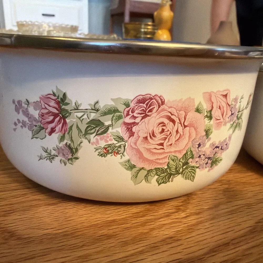 5”  and 6” Vintage Enamel Floral nesting BOWL pink rose flower